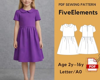 Girls Dress Sewing Pattern PDF | Peter Pan Collar Dress | Kids School Dress Pattern | Short Sleeve Dress | Age 2–16 | A0 Letter