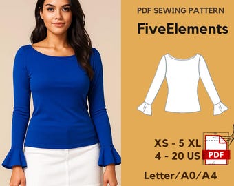 Bell Sleeve Top Sewing Pattern | Long Sleeve Knit Shirt PDF | Flounce Cuff Top Pattern | Boat Neck | A4/Letter/A0