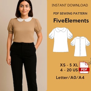 Puede incluir: Una mujer con una blusa beige con cuello blanco y pantalones negros. La imagen incluye un patrón de costura PDF con el texto "FiveElements", tallas XS-5XL y tallas 4-20 US. El patrón está disponible para descarga instantánea.