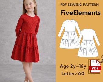 Girls Dress Sewing Pattern PDF | Age 2–16 | Tiered Dress Pattern | Long Sleeve Dress | Kids Dress Pattern | Toddler Dress Sewing | Letter A0