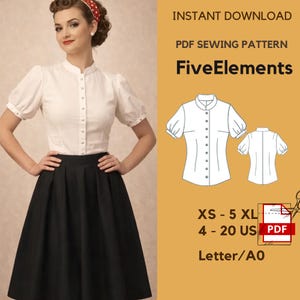 Może przedstawiać: Kobieta w białej bluzce z krótkimi, bufiaste rękawami i czarnej spódnicy. Bluzka ma stójkę i zapięcie na guziki. Obraz zawiera wzór szycia PDF z tekstem "FiveElements" i zakresem rozmiarów.