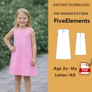 May include: A young girl wearing a sleeveless pink dress. The image includes a PDF sewing pattern with the text "FiveElements" and the age range "2y-16y". The pattern is available as an instant download.