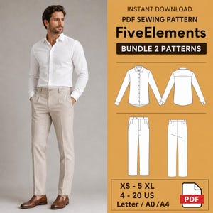 Puede incluir: Un patrón de costura digital en PDF titulado FiveElements, que presenta dibujos técnicos de una camisa de manga larga y pantalones. El documento incluye tallas desde XS a 5XL y 4 a 20 US, formateado para Letter, A0 y A4.