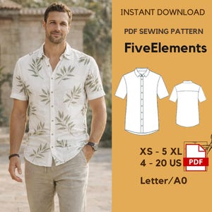 May include: A man wearing a white short-sleeve shirt with a green leaf pattern. The image includes a PDF sewing pattern with the text "FiveElements" and size options from XS to 5XL, and US sizes 4-20.