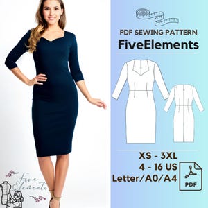 Dress Pattern Office Dress for Women with 3/4 Sleeves Dress Sewing Pattern PDF