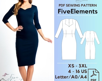 Dress Pattern Office Dress for Women with 3/4 Sleeves Dress Sewing Pattern PDF