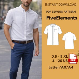 May include: A white short-sleeved shirt with a button-down collar and a chest pocket. The shirt is paired with blue pants and a brown belt. The image also includes a PDF sewing pattern with the text "FiveElements".