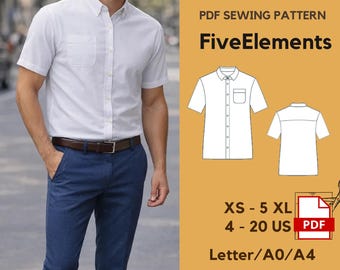 Men’s Short Sleeve Button Down Shirt PDF Sewing Pattern | Classic Mens Shirt | Man Pocket Shirt | XS–5XL | Instant Download