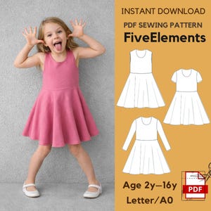 Peut inclure: Une jeune fille porte une robe rose et pose de manière ludique. L'image comprend un patron de couture PDF avec des modèles de robes et le texte "FiveElements", "Age 2y-16y" et "PDF".