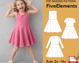 Kids Twirl Dress Sewing Pattern Bundle, Girls Skater Dress PDF, Sleeveless Short Sleeve Long Sleeve Dress, Age 2–16, Instant Download