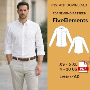 Può includere: Una camicia bianca abbottonata con taschino, abbinata a pantaloni color cachi e una cintura marrone. L'immagine include anche un modello di cucito PDF con il testo "FiveElements" e taglie dalla XS alla 5XL.
