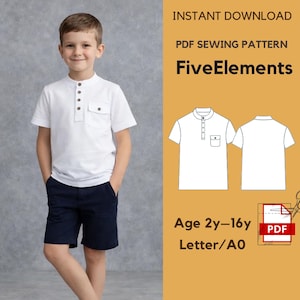 Puede incluir: Un niño con una camisa blanca de manga corta con cuello mandarín y pantalones cortos azul marino. La camisa tiene un bolsillo y botones marrones. El texto dice "INSTANT DOWNLOAD PDF SEWING PATTERN FiveElements Age 2y-16y Letter/A0 PDF".