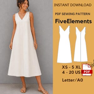 Op de afbeelding: Een direct te downloaden PDF-naaipatroon genaamd FiveElements voor een mouwloze midi-jurk met V-hals. Het digitale bestand bevat de maten XS tot 5XL en 4 tot 20 US, met technische lijntekeningen van de voor- en achterkant in Letter- en A0-formaten.