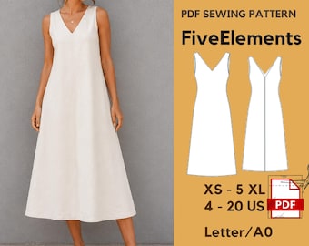 Linen Dress Sewing Pattern PDF, Summer Midi Dress Pattern, V Neck A Line Dress, Sleeveless Dress, Women XS-5XL, A0 Letter