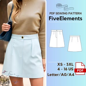 May include: A PDF sewing pattern for a light blue skirt with a high waist and pleats. The pattern is available in sizes XS to 3XL, US sizes 4 to 16, and comes in Letter, A0, or A4 sizes. The pattern is called "Five Elements".