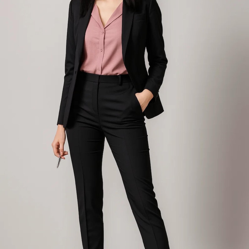 May include: A black business suit consisting of a blazer and trousers, paired with a light pink button-down shirt. The blazer has a notched lapel and the trousers are straight-legged. A pen is held in one hand.