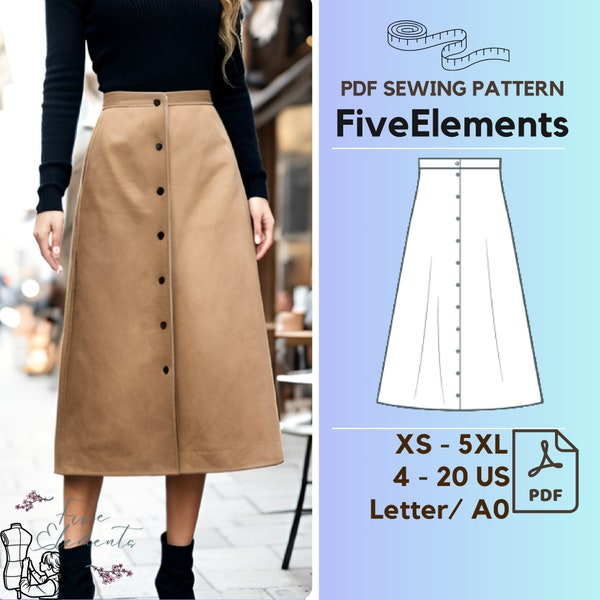 Button Down Long Skirt PDF Pattern Pink Casual Skirt Sewing Pattern Midi Skirt Pattern