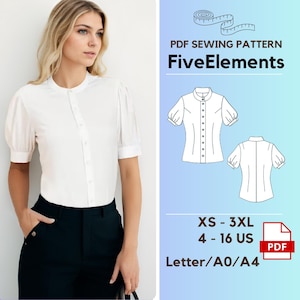 Mandarin Neck Cottagecore Blouse Sewing Pattern Button Down Women&#39;s Top Blouse Pattern