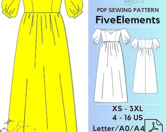 Patrón de costura para vestido de dama de honor con escote corazón y hombros descubiertos (PDF) Patrón de costura para vestido de mujer con mangas abullonadas