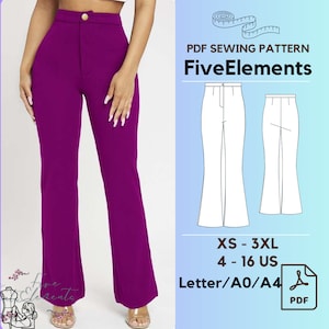Women High Waist Pants Sewing Pattern, Linen Button Trousers PDF Pattern, Boot cut Pants
