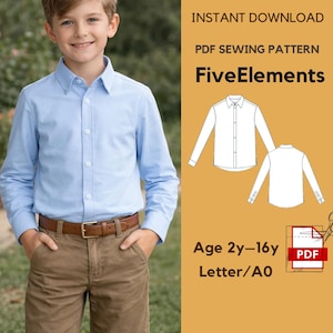 Puede incluir: Una persona con una camisa azul claro y pantalones marrones con un cinturón marrón. La imagen incluye el texto "INSTANT DOWNLOAD PDF SEWING PATTERN FiveElements Age 2y-16y Letter/A0 PDF".