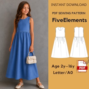 Könnte beinhalten: Ein ärmelloses, blaues Kleid mit geraffter Taille und langem Rock. Das Bild zeigt auch ein PDF-Schnittmuster mit dem Text "FiveElements" und "Age 2y-16y". Das Kleid wird mit einer kleinen, cremefarbenen Handtasche und passenden Schuhen getragen.