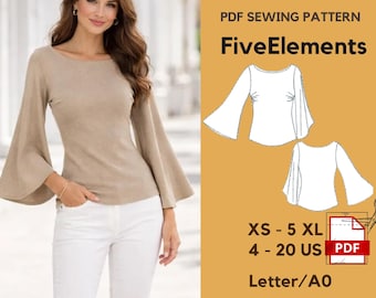 Boat Neck Top Pattern | Bell Sleeve Blouse Sewing Pattern | Easy Knit Top With Boatneck | Flare Long Sleeve PDF | XS–5XL | Instant Download