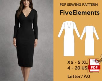 V-Neck Long Sleeve Midi Dress Sewing Pattern | Elegant Bodycon PDF XS–5XL | Instant Download