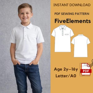 Può includere: Una persona indossa una polo bianca e jeans blu. L'immagine include un modello di cucito PDF per una polo, con il testo "FiveElements" e "Age 2y-16y". Il modello è disponibile per il download immediato.