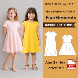 Op de afbeelding: Een digitaal PDF-naaipatroon getiteld FiveElements Bundle 2 Patterns voor leeftijden 2y-16y. De afbeelding toont twee kinderen in A-lijn jurken met korte mouwen in lichtroze en geel, naast technische lijntekeningen van de ontwerpen.