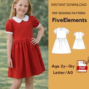 Puede incluir: Una niña con un vestido rojo con cuello blanco y mangas cortas. El vestido tiene una falda acampanada. La imagen incluye un patrón de costura PDF con el texto "FiveElements" y "Age 2y-16y".