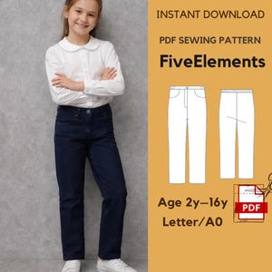 Patrón de costura en PDF para pantalones de niña, patrón de jeans para niños de 2 a 16 años, patrón de pantalones de pierna recta, patrón de pantalones para bebés, cintura elástica, tamaño A0.