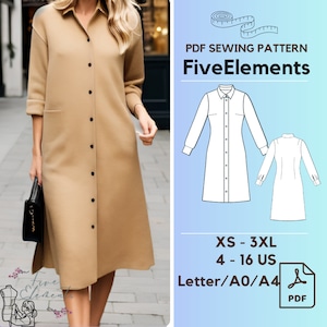 Women Button Down Long Tunic PDF Sewing Pattern Linen Blouse Dress PDF Pattern Tunic