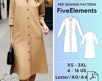 Women Button Down Long Tunic PDF Sewing Pattern Linen Blouse Dress PDF Pattern Tunic