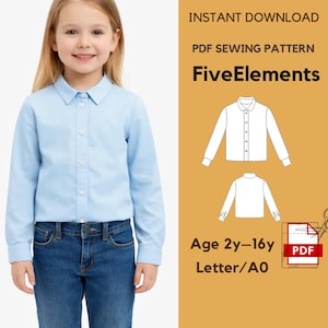 May include: A child in a light blue shirt and blue jeans. The image features a PDF sewing pattern with shirt illustrations and the text "FiveElements", "Age 2y-16y", and "Letter/A0".