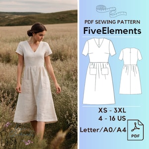 Cottagecore Dress Pattern Midi Linen Dress Pockets Summer Dress Pattern Renaissance Vintage Dress Pattern Simple V Neck Dress Pattern