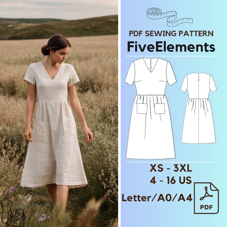 Puede incluir: Un patr&oacute;n de costura PDF para un vestido con cuello en V, mangas cortas y bolsillos. El patr&oacute;n est&aacute; disponible en tallas XS-3XL (tallas espa&ntilde;olas 34-48) y viene en tama&ntilde;os Carta, A0 o A4. El patr&oacute;n se llama "Five Elements".