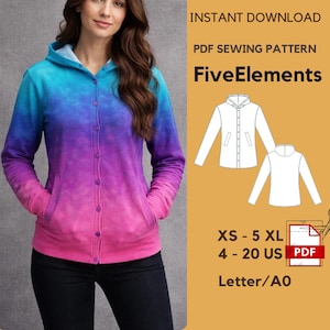 May include: A button-up hoodie in a vibrant gradient of blue, purple, and pink. The hoodie has a hood, pockets, and is part of a PDF sewing pattern from FiveElements, available in sizes XS to 5XL and US sizes 4-20.