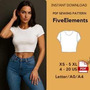 Op de afbeelding: Een witte crop top en een blauwe jeans. De afbeelding bevat een PDF naaipatroon voor een crop top, met maten XS tot 5XL en US maten 4-20. De tekst "FiveElements" is ook zichtbaar.