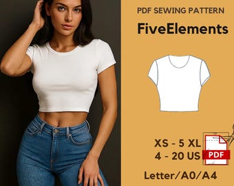 Patrón de costura de top corto / Top ajustado de manga corta en PDF / Camiseta fácil / Top básico de punto / XS–5XL / A4/Carta/A0