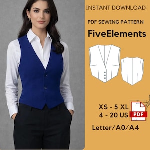 Könnte beinhalten: Eine Frau trägt eine blaue Weste über einem weißen Hemd und einer schwarzen Hose. Das Bild enthält ein PDF-Schnittmuster mit dem Text "FiveElements" und Größenangaben: XS - 5 XL, 4 - 20 US und Letter/A0/A4.