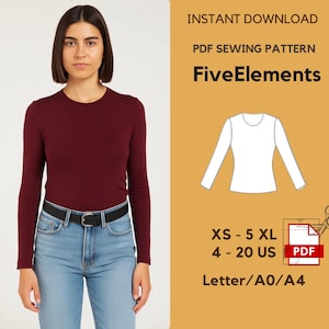 Peut inclure: Une femme porte un haut bordeaux à manches longues et un jean bleu. L'image comprend le texte "INSTANT DOWNLOAD PDF SEWING PATTERN FiveElements XS - 5 XL 4 - 20 US Letter/A0/A4".