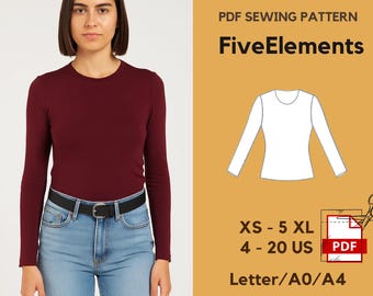 Long Sleeved T-shirt Sewing Pattern Top | Fitted Stretch Top | Easy T-shirt Pattern | Basic T-Shirt for Women