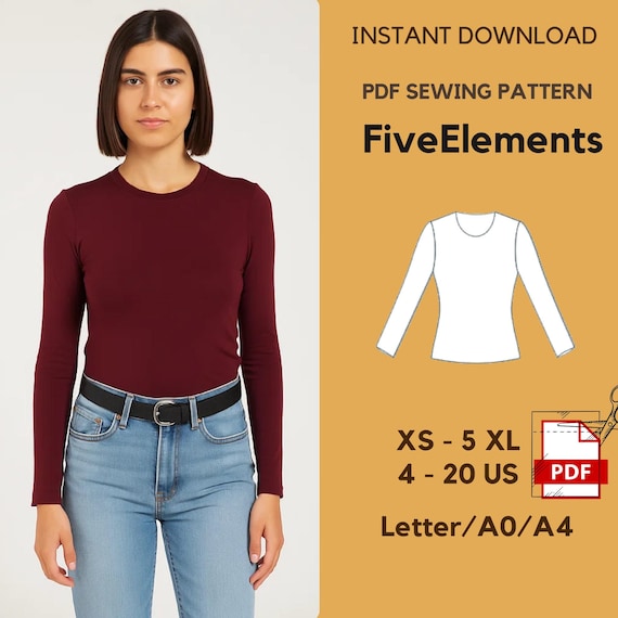 Long Sleeved T-shirt Sewing Pattern Top | Fitted Stretch Top | Easy T-shirt Pattern | Basic T-Shirt for Women