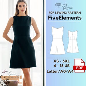 Op de afbeelding: Een PDF-naaipatroon voor een mouwloze jurk, genaamd "Five Elements", in de maten XS-3XL (Nederlandse maten 36-48). Het patroon is verkrijgbaar in de formaten Letter, A0 en A4.