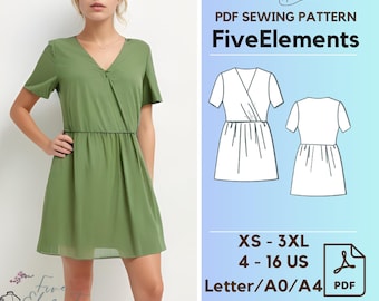 v neck skater dress pattern Deep V Neck Dress Sewing Pattern PDF, Women Mini Wedding Dress XS-3XL,  Pleated Skater With Zipper