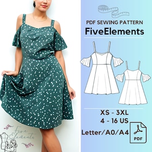 Women Short Sleeve Summer Dress PDF Sewing Pattern, Square Neck Dress Digital Pattern, Casual Regular Dress