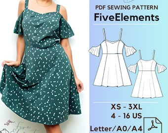 Women Short Sleeve Summer Dress PDF Sewing Pattern, Square Neck Dress Digital Pattern, Casual Regular Dress