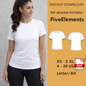 Puede incluir: Se muestra una camiseta blanca de manga corta, junto con un patrón de costura en PDF. El patrón incluye tallas XS a 5XL y tallas estadounidenses 4-20. Se muestra el texto "FiveElements", que indica el nombre del patrón. La imagen también incluye el texto "DESCARGA INSTANTÁNEA" y "PATRÓN DE COSTURA PDF".