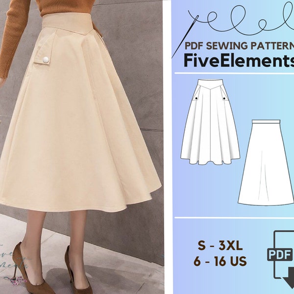 Flared Midi Skirt Bundle Midi Skirt Pattern Women Linen Skirt PDF Sewing Pattern Pockets Long Skirt PDF Flared Midi Skirt Bundle